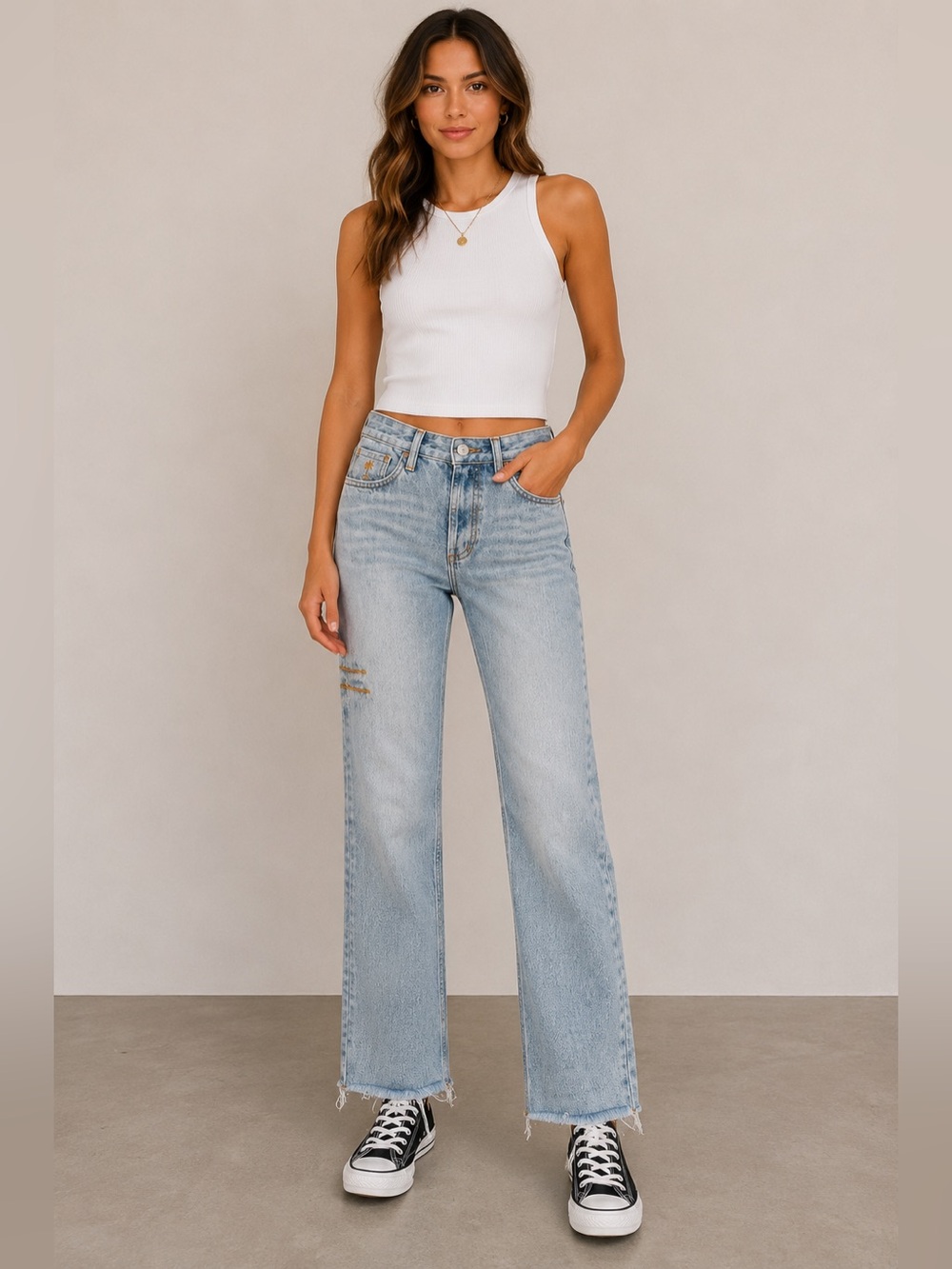 THRILLS Paige Mid Rise Distressed Raw Hem Straight Leg Jeans US 2